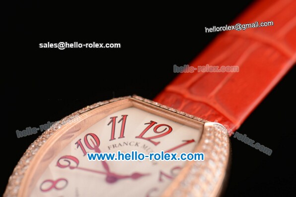 Franck Muller Heart Swiss Quartz Rose Gold Case with Red Leather Strap Diamond Bezel and White Dial - ETA Coating - Click Image to Close